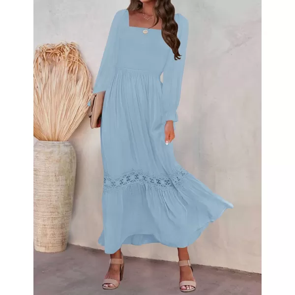 imageZESICA Womens 2023 Boho Long Sleeve Square Neck Smocked High Waist Flowy A Line Lace Trim Maxi DressLightblue