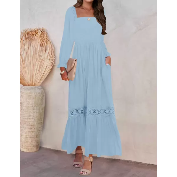 imageZESICA Womens 2023 Boho Long Sleeve Square Neck Smocked High Waist Flowy A Line Lace Trim Maxi DressLightblue
