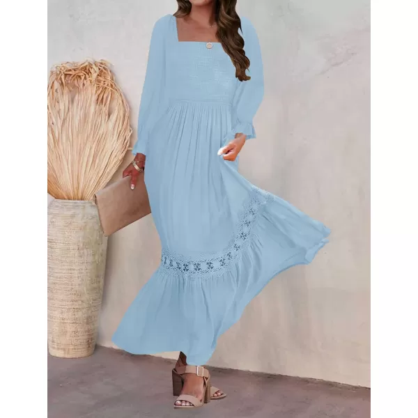 imageZESICA Womens 2023 Boho Long Sleeve Square Neck Smocked High Waist Flowy A Line Lace Trim Maxi DressLightblue