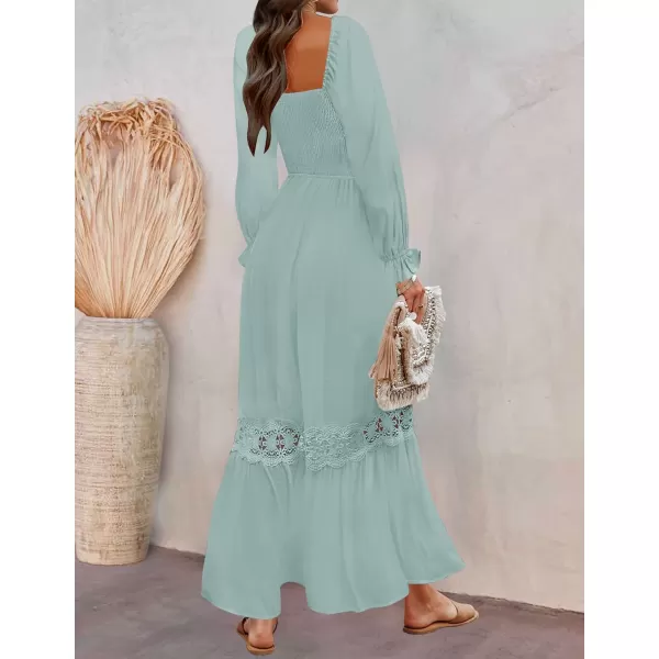 imageZESICA Womens 2023 Boho Long Sleeve Square Neck Smocked High Waist Flowy A Line Lace Trim Maxi DressLightgreen