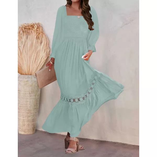 imageZESICA Womens 2023 Boho Long Sleeve Square Neck Smocked High Waist Flowy A Line Lace Trim Maxi DressLightgreen