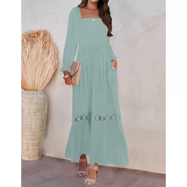imageZESICA Womens 2023 Boho Long Sleeve Square Neck Smocked High Waist Flowy A Line Lace Trim Maxi DressLightgreen