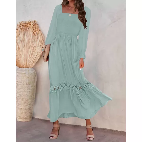 imageZESICA Womens 2023 Boho Long Sleeve Square Neck Smocked High Waist Flowy A Line Lace Trim Maxi DressLightgreen