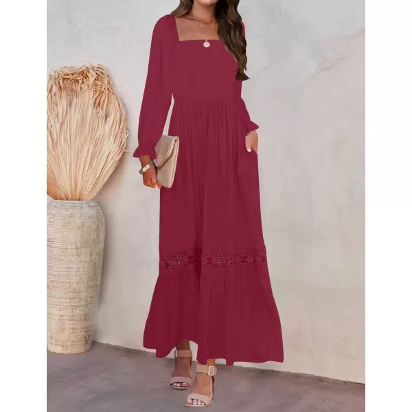 imageZESICA Womens 2023 Boho Long Sleeve Square Neck Smocked High Waist Flowy A Line Lace Trim Maxi DressPlum