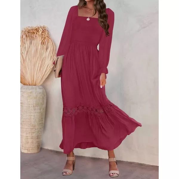 imageZESICA Womens 2023 Boho Long Sleeve Square Neck Smocked High Waist Flowy A Line Lace Trim Maxi DressPlum