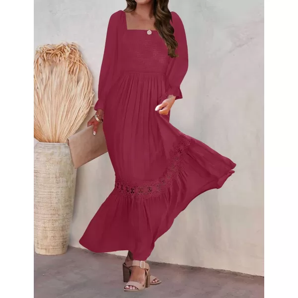 imageZESICA Womens 2023 Boho Long Sleeve Square Neck Smocked High Waist Flowy A Line Lace Trim Maxi DressPlum