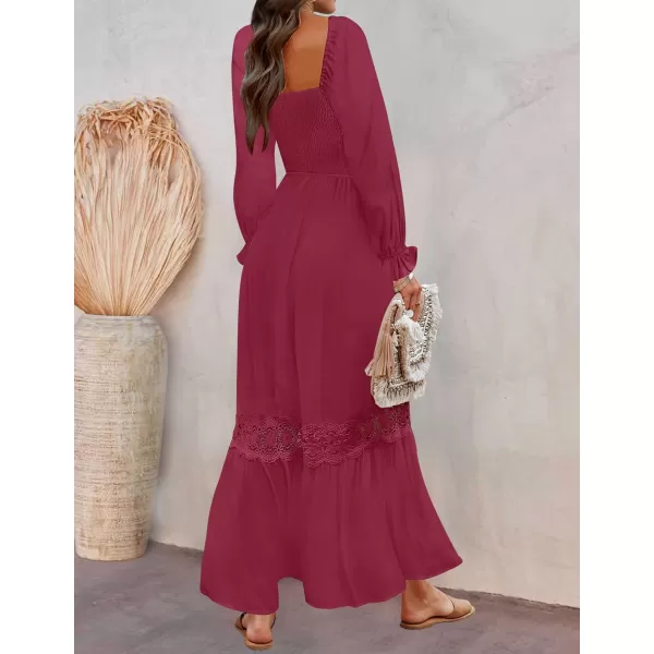 imageZESICA Womens 2023 Boho Long Sleeve Square Neck Smocked High Waist Flowy A Line Lace Trim Maxi DressPlum
