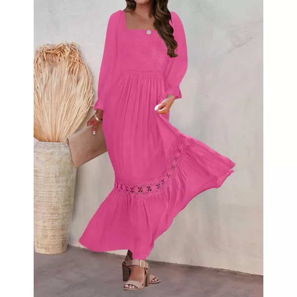 imageZESICA Womens 2023 Boho Long Sleeve Square Neck Smocked High Waist Flowy A Line Lace Trim Maxi DressRose