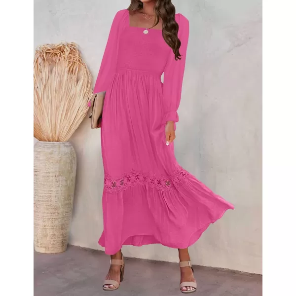 imageZESICA Womens 2023 Boho Long Sleeve Square Neck Smocked High Waist Flowy A Line Lace Trim Maxi DressRose