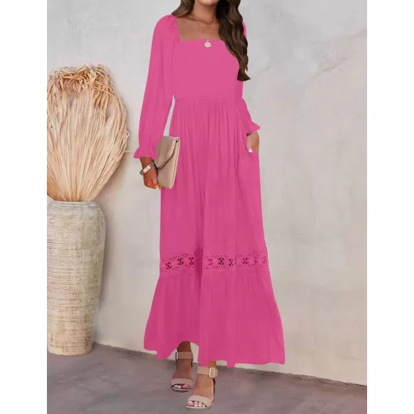 imageZESICA Womens 2023 Boho Long Sleeve Square Neck Smocked High Waist Flowy A Line Lace Trim Maxi DressRose