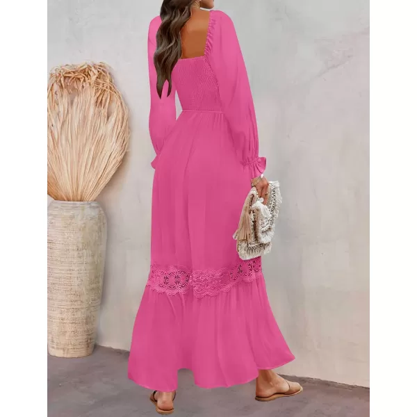 imageZESICA Womens 2023 Boho Long Sleeve Square Neck Smocked High Waist Flowy A Line Lace Trim Maxi DressRose