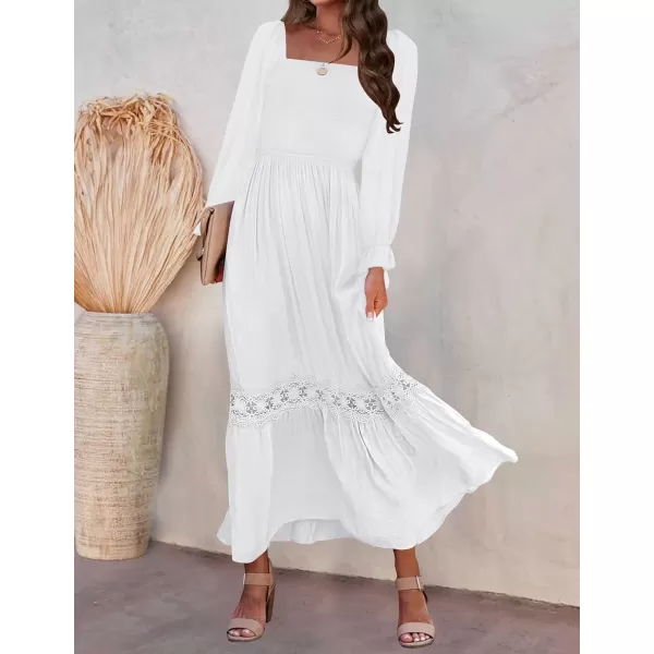 imageZESICA Womens 2023 Boho Long Sleeve Square Neck Smocked High Waist Flowy A Line Lace Trim Maxi DressWhite
