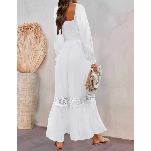 imageZESICA Womens 2023 Boho Long Sleeve Square Neck Smocked High Waist Flowy A Line Lace Trim Maxi DressWhite