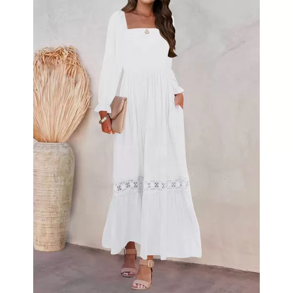imageZESICA Womens 2023 Boho Long Sleeve Square Neck Smocked High Waist Flowy A Line Lace Trim Maxi DressWhite