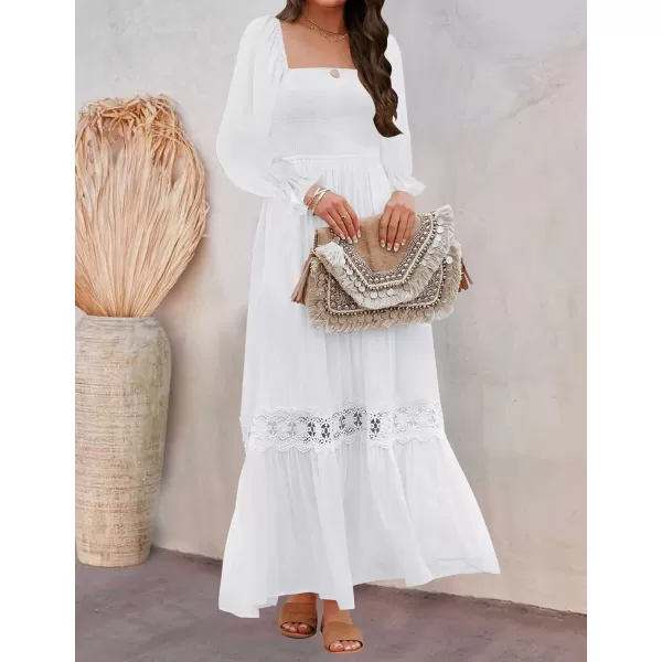 imageZESICA Womens 2023 Boho Long Sleeve Square Neck Smocked High Waist Flowy A Line Lace Trim Maxi DressWhite