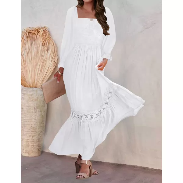 imageZESICA Womens 2023 Boho Long Sleeve Square Neck Smocked High Waist Flowy A Line Lace Trim Maxi DressWhite