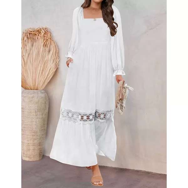 imageZESICA Womens 2023 Boho Long Sleeve Square Neck Smocked High Waist Flowy A Line Lace Trim Maxi DressWhite
