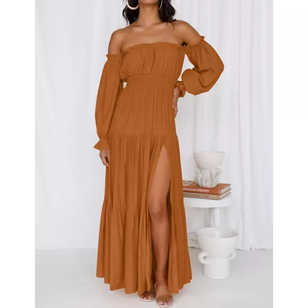 imageZESICA Womens 2023 Boho Sexy Off Shoulder Long Sleeve Smocked High Waist Side Split Flowy A Line Tiered Long Maxi DressCaramel