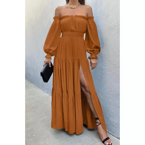 imageZESICA Womens 2023 Boho Sexy Off Shoulder Long Sleeve Smocked High Waist Side Split Flowy A Line Tiered Long Maxi DressCaramel