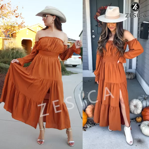 imageZESICA Womens 2023 Boho Sexy Off Shoulder Long Sleeve Smocked High Waist Side Split Flowy A Line Tiered Long Maxi DressCaramel