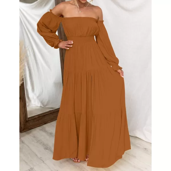 imageZESICA Womens 2023 Boho Sexy Off Shoulder Long Sleeve Smocked High Waist Side Split Flowy A Line Tiered Long Maxi DressCaramel