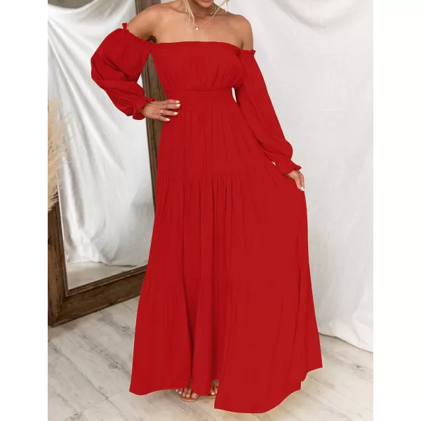 imageZESICA Womens 2023 Boho Sexy Off Shoulder Long Sleeve Smocked High Waist Side Split Flowy A Line Tiered Long Maxi DressCherry