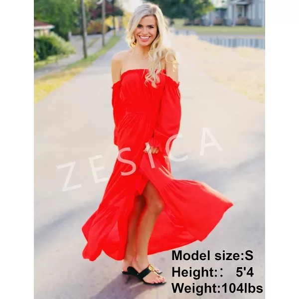 imageZESICA Womens 2023 Boho Sexy Off Shoulder Long Sleeve Smocked High Waist Side Split Flowy A Line Tiered Long Maxi DressCherry