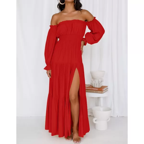 imageZESICA Womens 2023 Boho Sexy Off Shoulder Long Sleeve Smocked High Waist Side Split Flowy A Line Tiered Long Maxi DressCherry