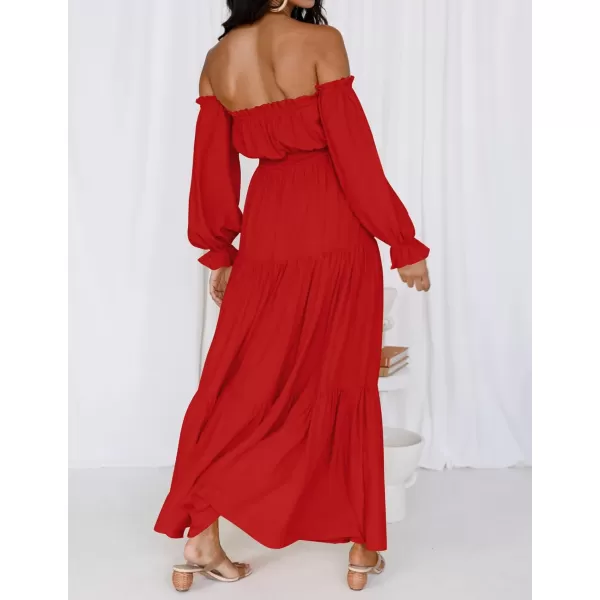 imageZESICA Womens 2023 Boho Sexy Off Shoulder Long Sleeve Smocked High Waist Side Split Flowy A Line Tiered Long Maxi DressCherry