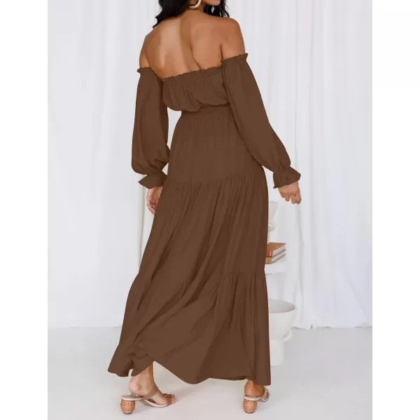 imageZESICA Womens 2023 Boho Sexy Off Shoulder Long Sleeve Smocked High Waist Side Split Flowy A Line Tiered Long Maxi DressCoffee