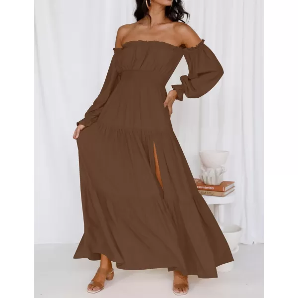imageZESICA Womens 2023 Boho Sexy Off Shoulder Long Sleeve Smocked High Waist Side Split Flowy A Line Tiered Long Maxi DressCoffee