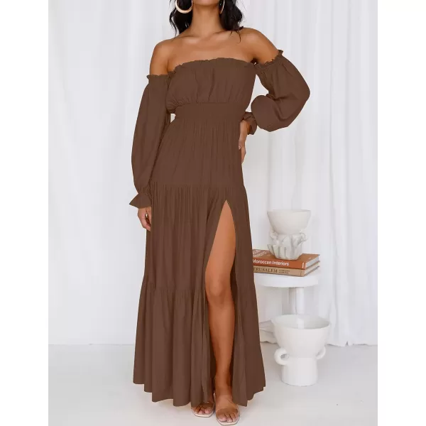 imageZESICA Womens 2023 Boho Sexy Off Shoulder Long Sleeve Smocked High Waist Side Split Flowy A Line Tiered Long Maxi DressCoffee