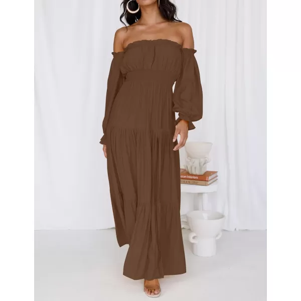 imageZESICA Womens 2023 Boho Sexy Off Shoulder Long Sleeve Smocked High Waist Side Split Flowy A Line Tiered Long Maxi DressCoffee