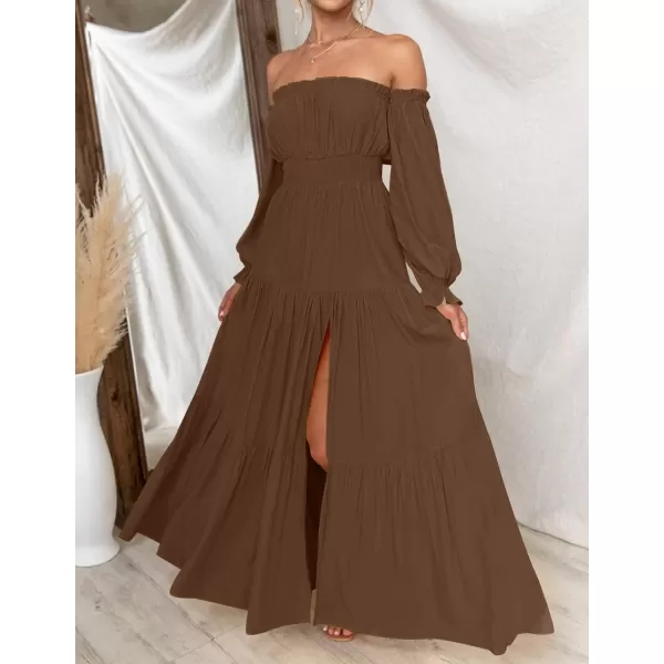 imageZESICA Womens 2023 Boho Sexy Off Shoulder Long Sleeve Smocked High Waist Side Split Flowy A Line Tiered Long Maxi DressCoffee
