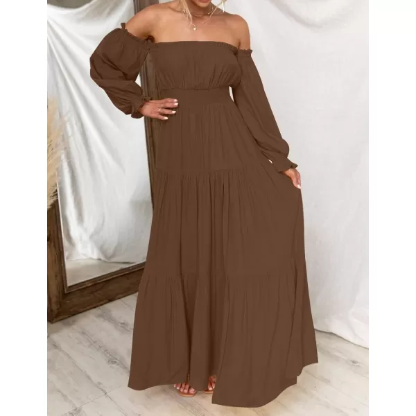 imageZESICA Womens 2023 Boho Sexy Off Shoulder Long Sleeve Smocked High Waist Side Split Flowy A Line Tiered Long Maxi DressCoffee