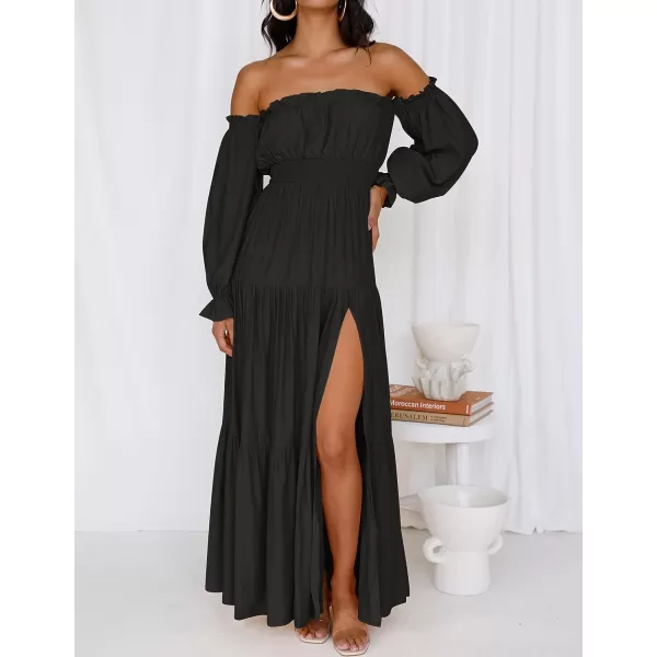 imageZESICA Womens 2023 Boho Sexy Off Shoulder Long Sleeve Smocked High Waist Side Split Flowy A Line Tiered Long Maxi DressDarkblack