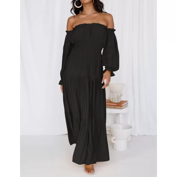 imageZESICA Womens 2023 Boho Sexy Off Shoulder Long Sleeve Smocked High Waist Side Split Flowy A Line Tiered Long Maxi DressDarkblack