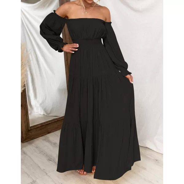 imageZESICA Womens 2023 Boho Sexy Off Shoulder Long Sleeve Smocked High Waist Side Split Flowy A Line Tiered Long Maxi DressDarkblack