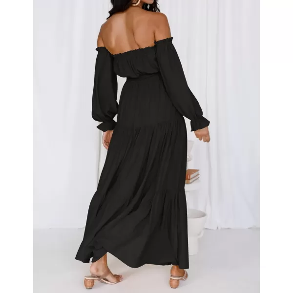 imageZESICA Womens 2023 Boho Sexy Off Shoulder Long Sleeve Smocked High Waist Side Split Flowy A Line Tiered Long Maxi DressDarkblack