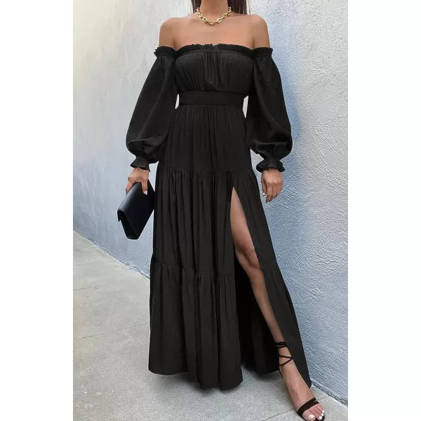 imageZESICA Womens 2023 Boho Sexy Off Shoulder Long Sleeve Smocked High Waist Side Split Flowy A Line Tiered Long Maxi DressDarkblack