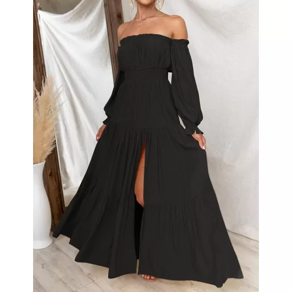 imageZESICA Womens 2023 Boho Sexy Off Shoulder Long Sleeve Smocked High Waist Side Split Flowy A Line Tiered Long Maxi DressDarkblack