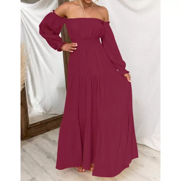 imageZESICA Womens 2023 Boho Sexy Off Shoulder Long Sleeve Smocked High Waist Side Split Flowy A Line Tiered Long Maxi DressFuchsia