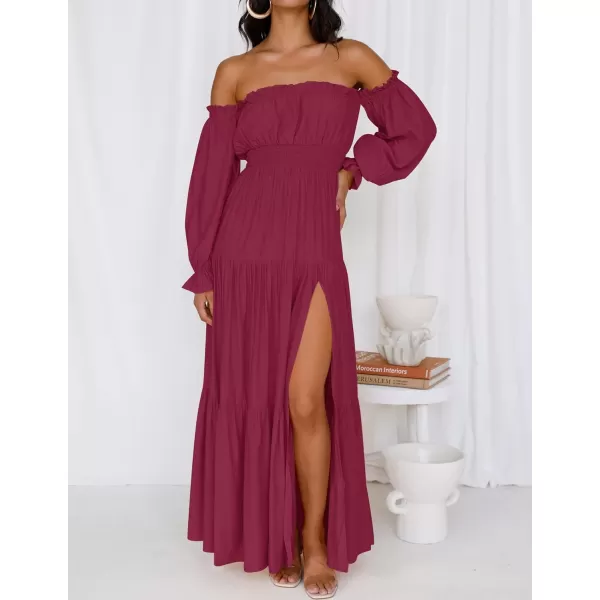 imageZESICA Womens 2023 Boho Sexy Off Shoulder Long Sleeve Smocked High Waist Side Split Flowy A Line Tiered Long Maxi DressFuchsia