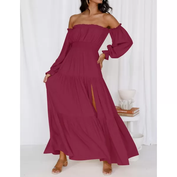 imageZESICA Womens 2023 Boho Sexy Off Shoulder Long Sleeve Smocked High Waist Side Split Flowy A Line Tiered Long Maxi DressFuchsia