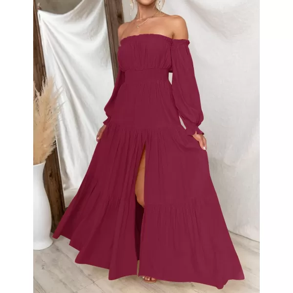 imageZESICA Womens 2023 Boho Sexy Off Shoulder Long Sleeve Smocked High Waist Side Split Flowy A Line Tiered Long Maxi DressFuchsia