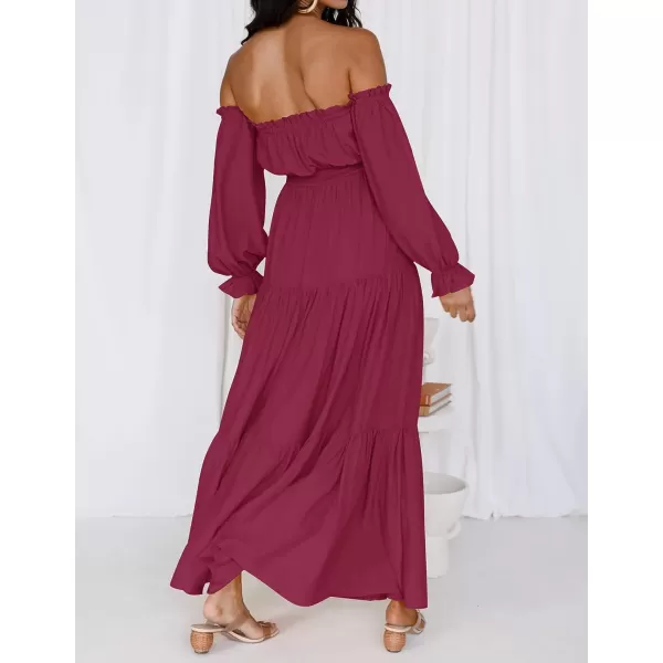 imageZESICA Womens 2023 Boho Sexy Off Shoulder Long Sleeve Smocked High Waist Side Split Flowy A Line Tiered Long Maxi DressFuchsia