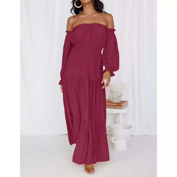 imageZESICA Womens 2023 Boho Sexy Off Shoulder Long Sleeve Smocked High Waist Side Split Flowy A Line Tiered Long Maxi DressFuchsia
