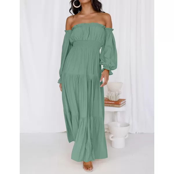 imageZESICA Womens 2023 Boho Sexy Off Shoulder Long Sleeve Smocked High Waist Side Split Flowy A Line Tiered Long Maxi DressGreen
