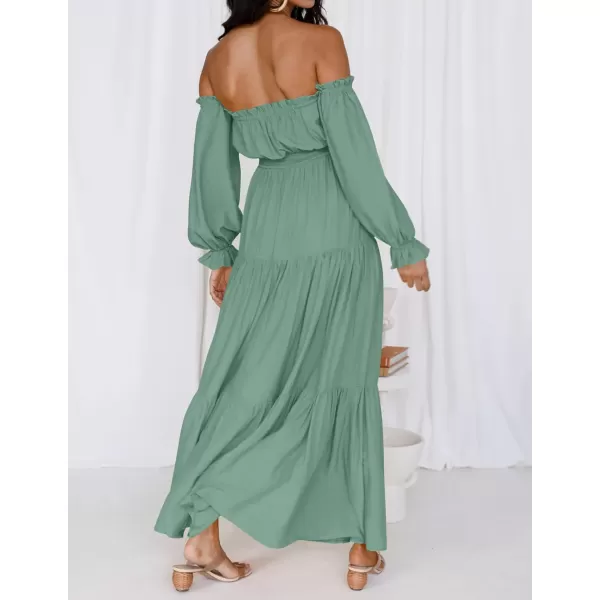 imageZESICA Womens 2023 Boho Sexy Off Shoulder Long Sleeve Smocked High Waist Side Split Flowy A Line Tiered Long Maxi DressGreen
