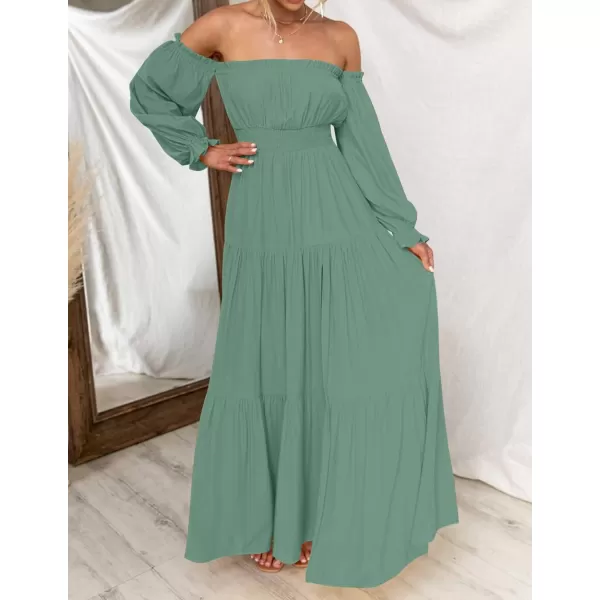 imageZESICA Womens 2023 Boho Sexy Off Shoulder Long Sleeve Smocked High Waist Side Split Flowy A Line Tiered Long Maxi DressGreen